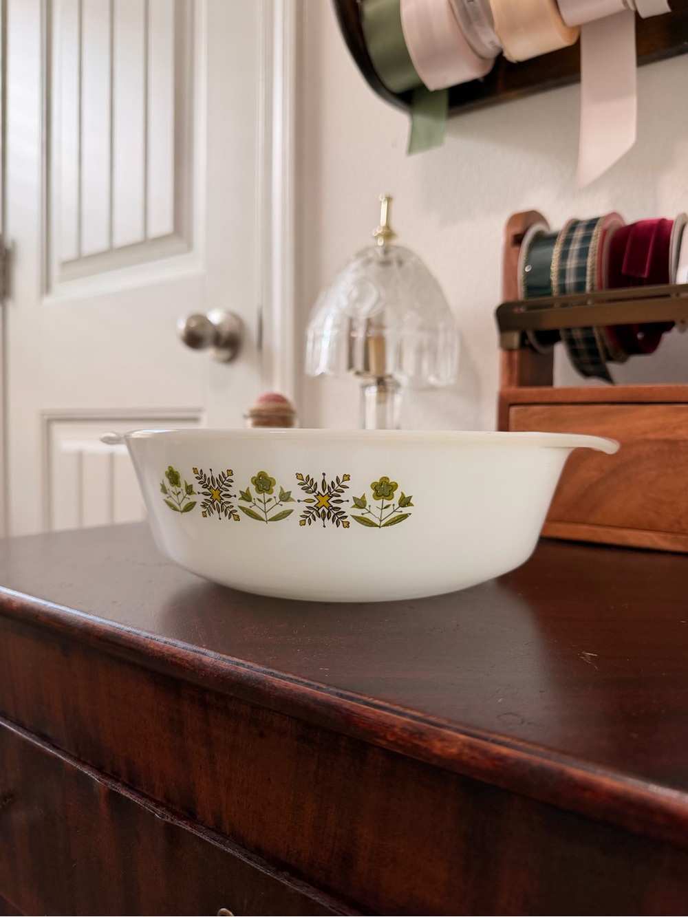 Anchor Hocking White Milk Glass Casserole with Olive Green Floral Pattern